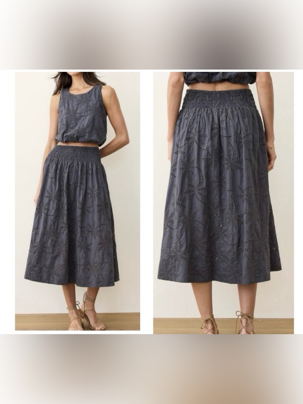Marine Layer Skirt Top 2 Piece SET Blue Grey Bea Eyelet Midi Boho Women’s Small